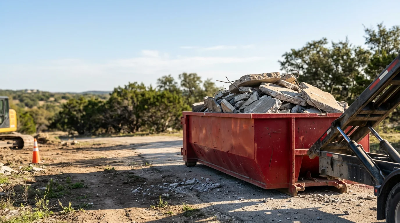 A pile of broken concrete slabs and chunks loaded into a roll-off container at a residential job site in San Antonio, Texas. The cleared area behind the container shows a freshly exposed ground surface after driveway removal.