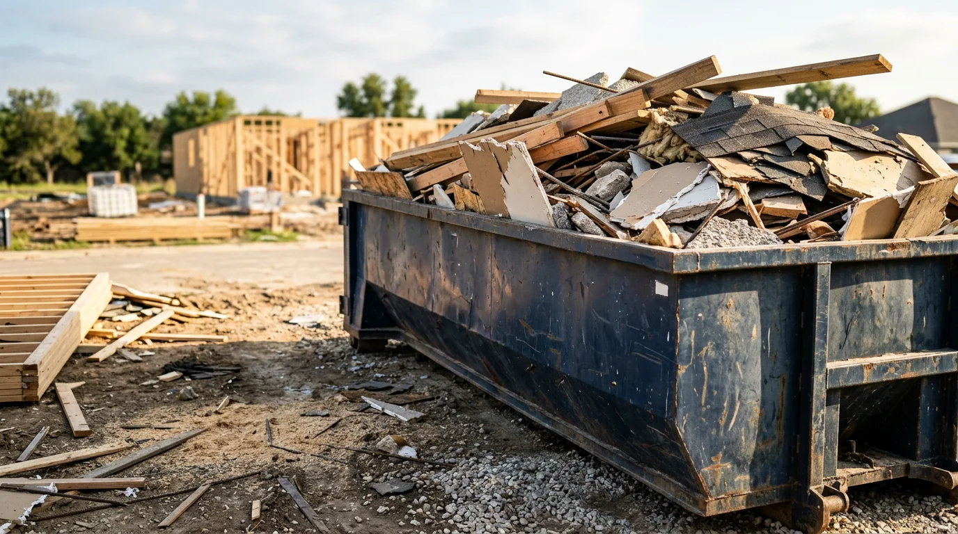 A roll-off dumpster filled with construction debris including lumber, drywall, and roofing materials on a job site in San Antonio, Texas. The container sits on a cleared driveway with an active renovation project visible in the background.
