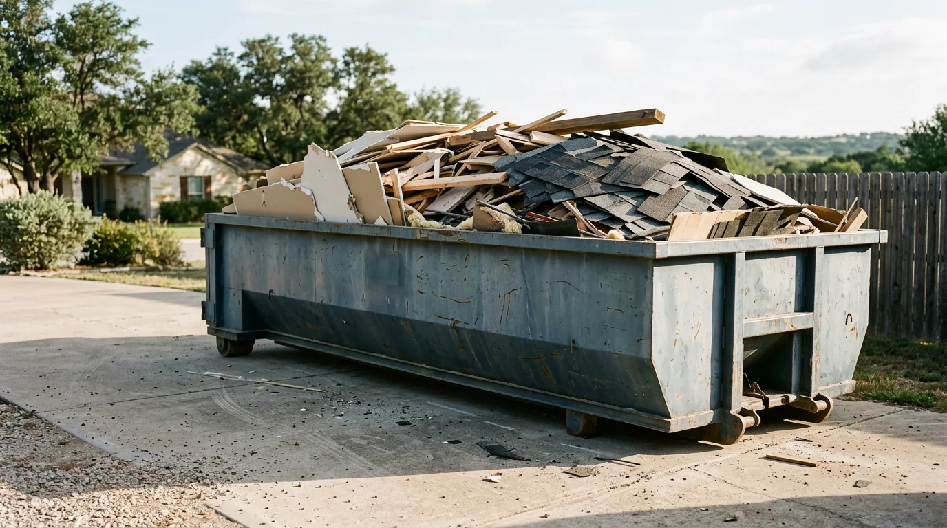 A cleared construction site in San Antonio with a roll-off container loaded with lumber scraps, drywall, and mixed renovation debris ready for haul-off. TX Roll Offs LLC debris hauling service in Bexar County.