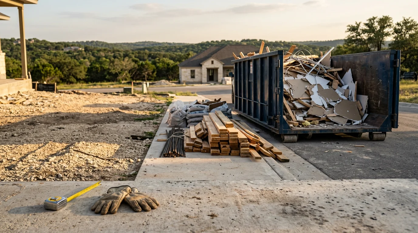 A cleared construction site in San Antonio with debris loaded into a roll-off container, showing an organized and accessible work area. TX Roll Offs LLC debris management service in progress on a residential renovation project.