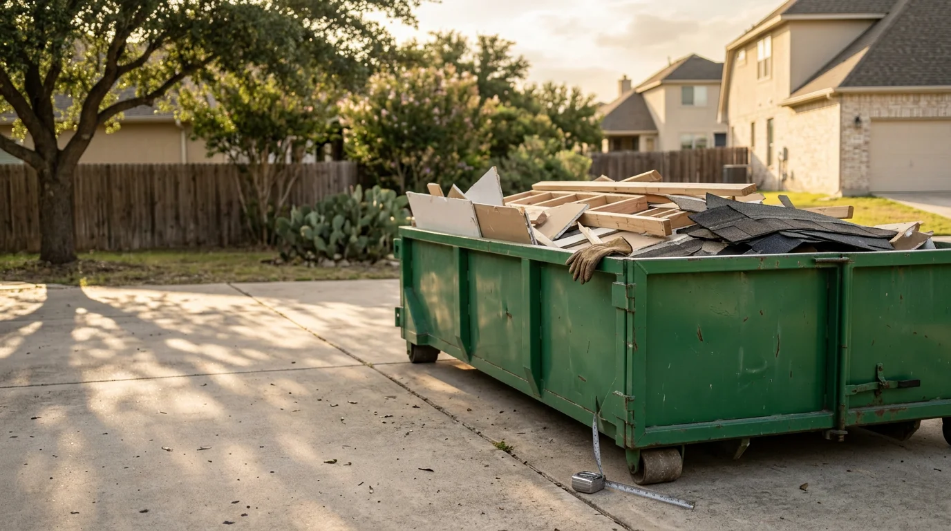 A roll-off dumpster parked on a residential driveway in San Antonio, Texas, loaded with remodel debris including drywall and lumber. The container sits on a concrete surface with a home renovation project visible in the background.