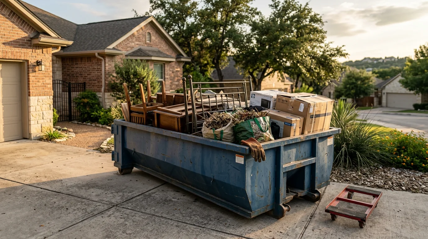 A cleared San Antonio residential garage after junk removal by TX Roll Offs LLC, with old furniture and appliances loaded into a hauling truck parked in the driveway. The empty space shows clean concrete flooring ready for use.