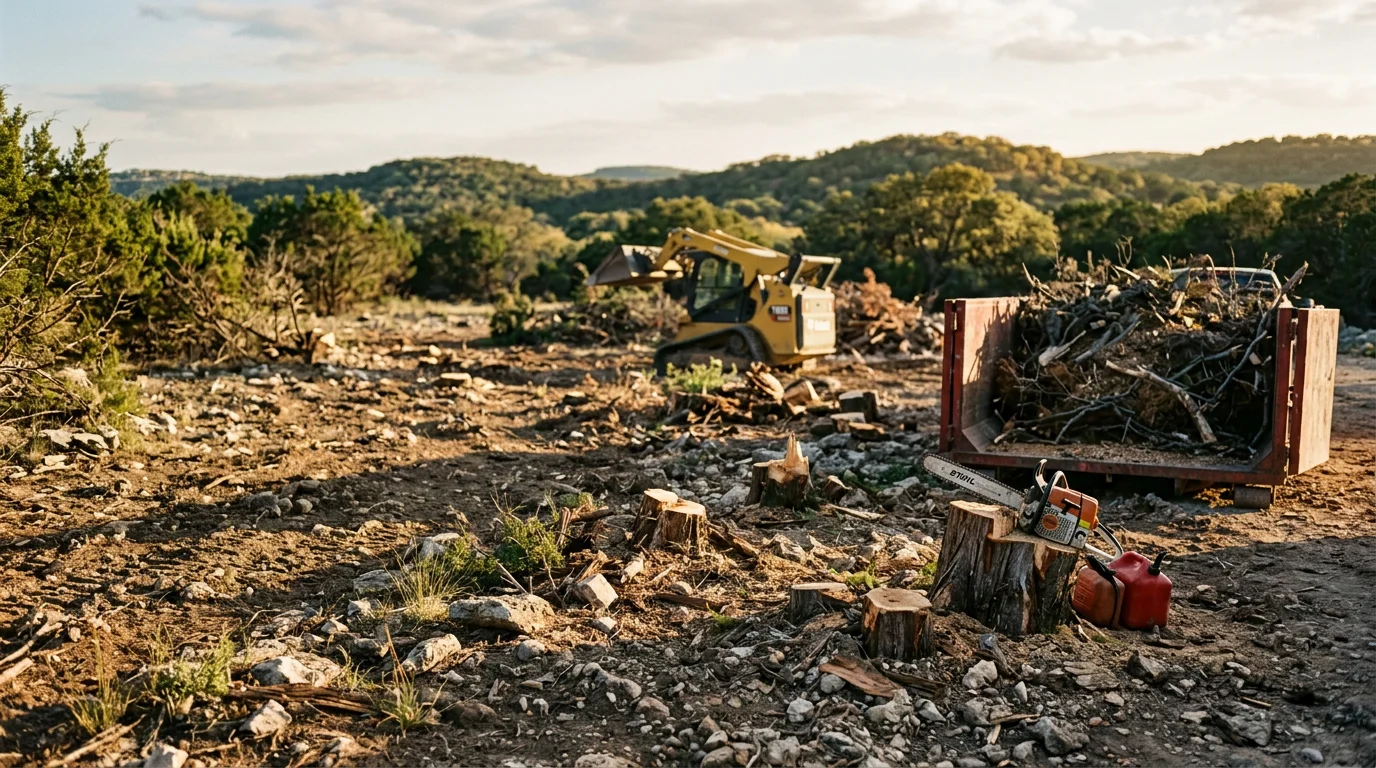 A cleared residential lot in the San Antonio area with brush, cedar, and debris removed, leaving open ground ready for construction. Heavy vegetation typical of South Central Texas has been cut and hauled away, exposing bare soil across the full site.