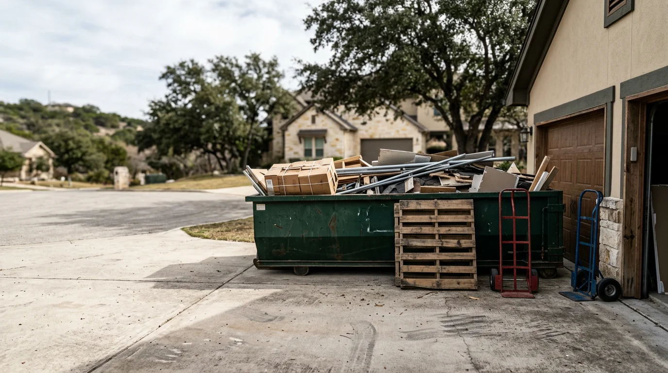 A cleared residential property in San Antonio, Texas, with an empty garage and clean yard after a full property cleanup service. A roll-off truck from TX Roll Offs LLC is visible at the curb with loaded debris ready for hauling.