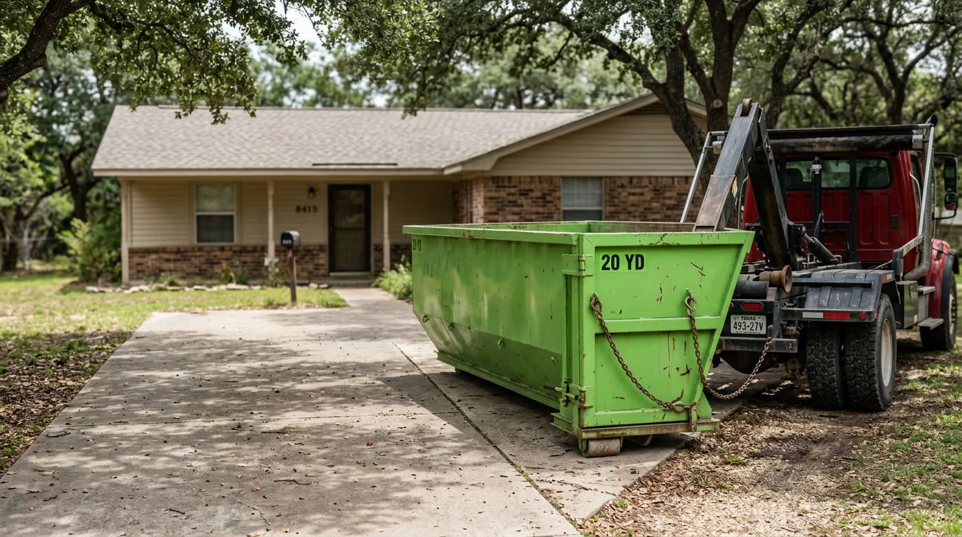 A roll-off dumpster from TX Roll Offs LLC positioned on a residential driveway in San Antonio, Texas, ready for a home cleanout or renovation project. The container sits on a flat concrete surface with clear access for the delivery truck.
