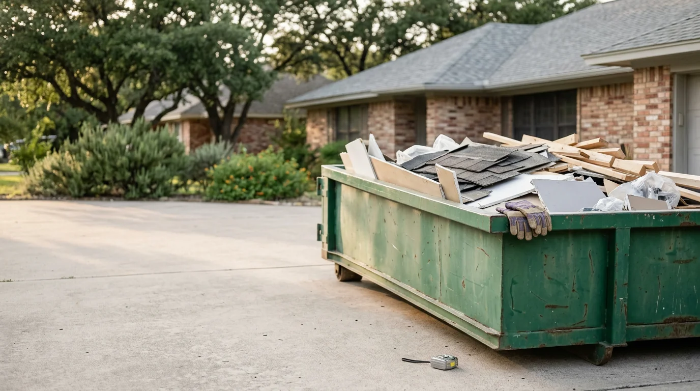 A roll-off dumpster parked in a residential driveway in San Antonio, Texas, filled with home renovation debris including old flooring and drywall. A single-family home is visible in the background on a clear day.