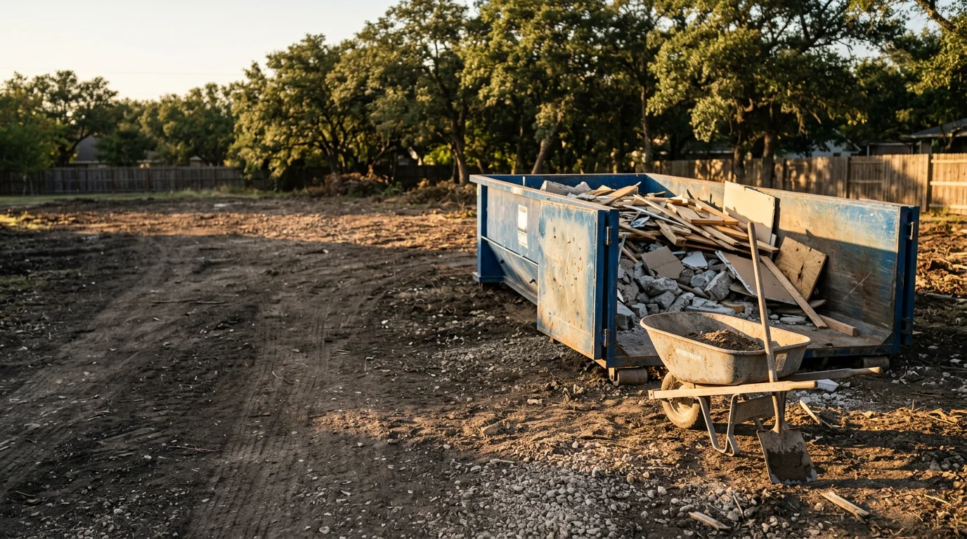 A cleared construction site in San Antonio with loose debris and leftover materials removed, leaving a clean and open lot ready for the next project phase. A roll-off container sits nearby as part of the site cleanup process.