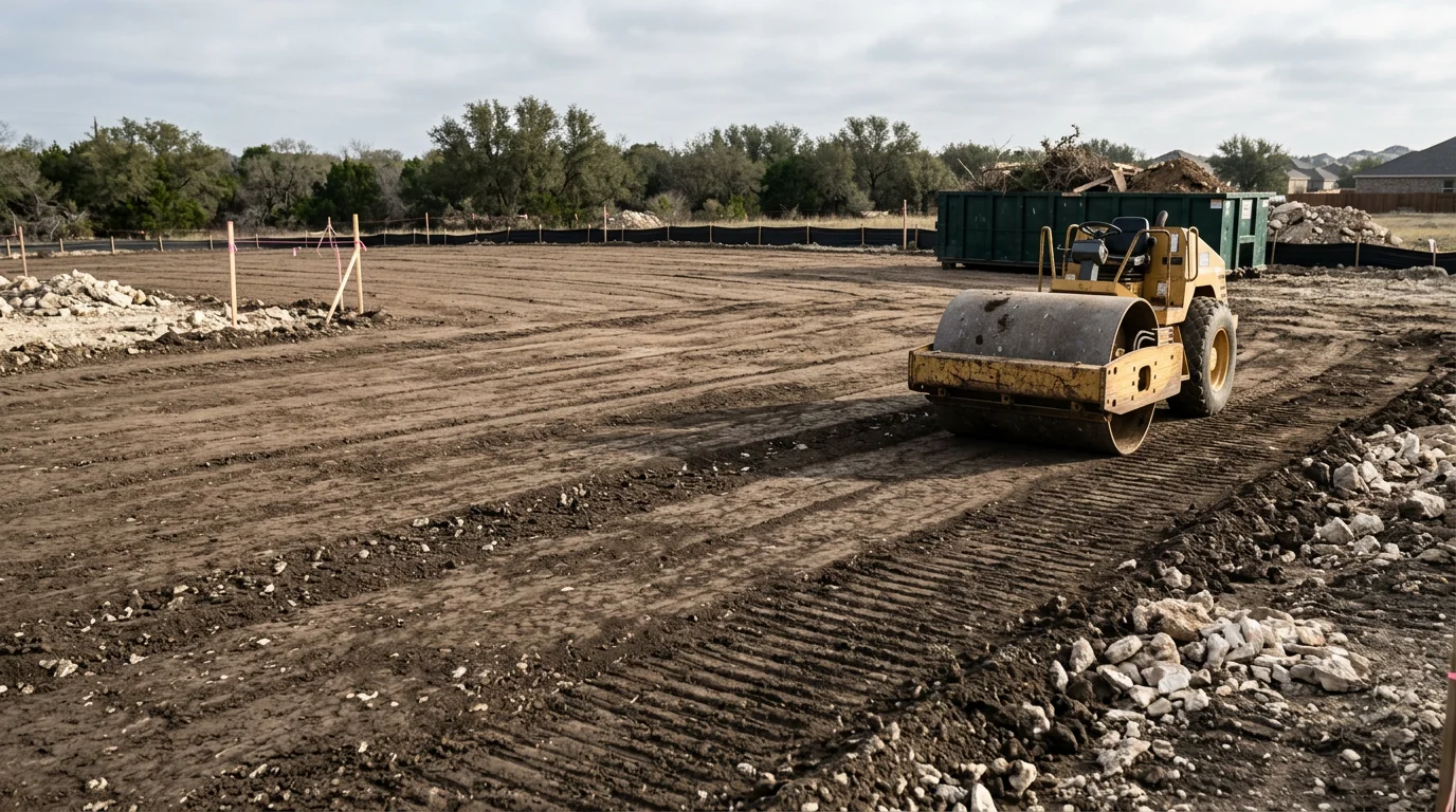 A graded and leveled construction lot in San Antonio, Texas with compacted soil and cleared ground ready for building. Heavy equipment tracks are visible across the prepared surface with open sky and surrounding terrain in the background.