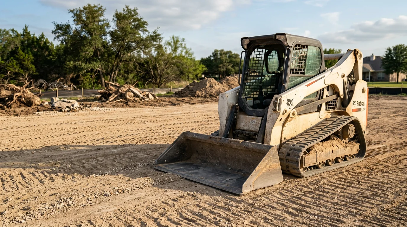 A skid steer operator grading a flat dirt surface on a residential lot in San Antonio, Texas. The machine is positioned on caliche-heavy soil with cleared ground visible across the work area.