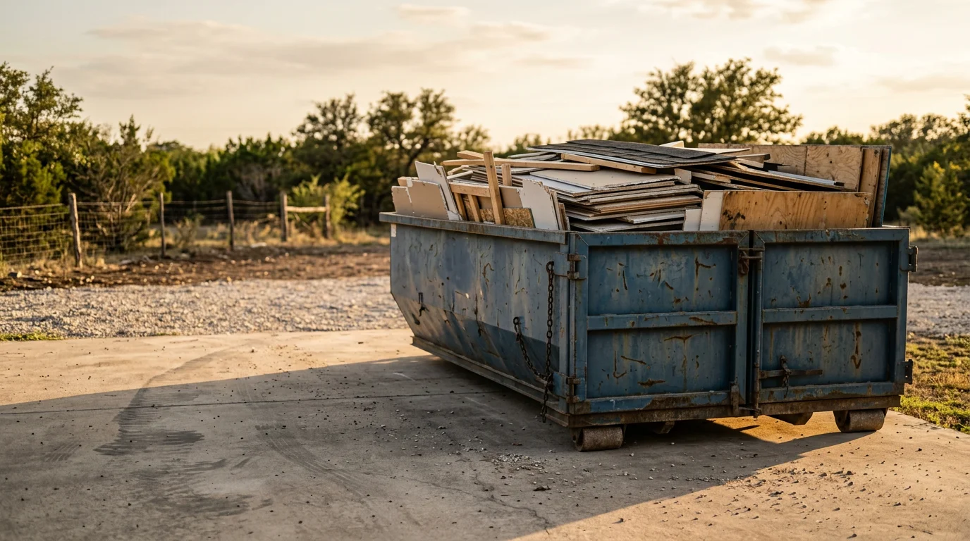 A TX Roll Offs LLC roll-off container sitting on a residential driveway in San Antonio, Texas, loaded with cleanout debris and construction material. The container is positioned on private property with a cleared yard visible in the background.