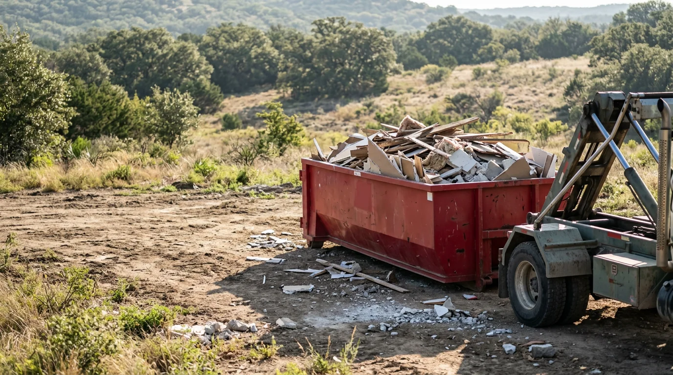 A roll-off truck from TX Roll Offs LLC loaded with bulk waste material at a residential property in San Antonio, Texas. The truck is positioned in a driveway with a cleared yard visible in the background.